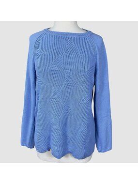 Talbots Pointelle Raglan Long Sleeve Blue Ribbed Scalloped Hem Sweater L NWT